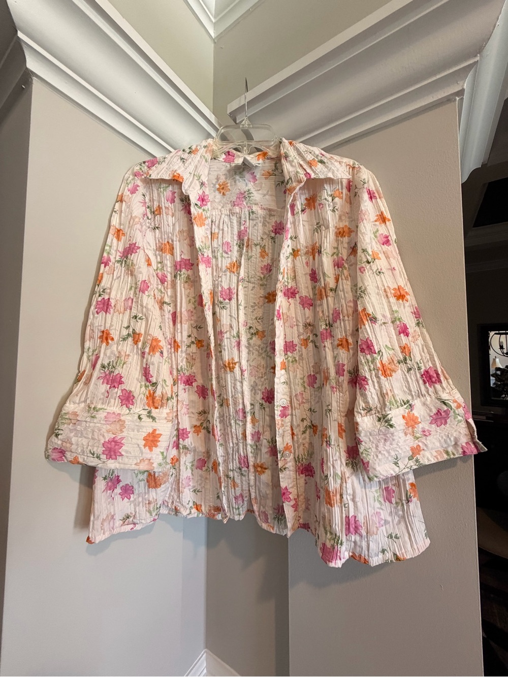 Vintage Joanna Floral Crinkle Button Down Blouse Size Large Cream Pink